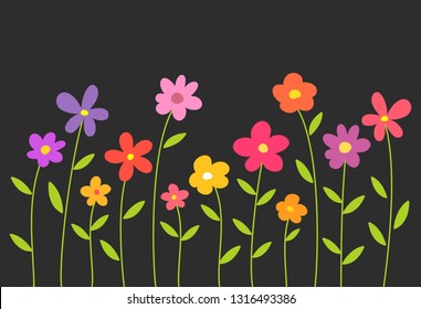 Colorful spring flowers on black background. Vector illustration,