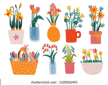 Colorful Spring Flowers in Vases Set, Bouquets in Glass, Ceramic Vases, Flower Pots, Basket Vector Illustration