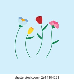 Ilustración vectorial de flores de primavera colorida en un estilo de dibujos animados plano lindo y simple. Conjunto de cuatro flores silvestres simples diferentes con subgrupos largos sobre un fondo azul claro