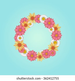 Colorful spring flowers wreath. Round flower frame. Vector illustration.