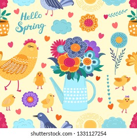 Colorful spring funny vector seamless pattern with flowers and birds. Cute flat vector background in bright colors for fabric, wrapping paper, wallpaper. EPS 8.
