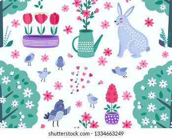 Colorful spring funny vector seamless pattern with flowers, birds and rabbit.