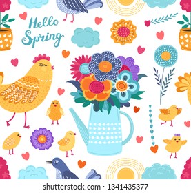 Colorful spring funny vector seamless pattern with flowers and birds on white background.