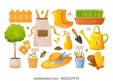 Colorful spring gardenings elements set.