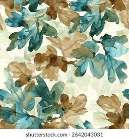 Colorful Spring Green Brown Oak Leaf Foliage Watercolor Abstract Scandinavian Design Seamless Pattern Wallpaper Curtain Bedding Background Upholstery Gift Wrapping Paper Vector