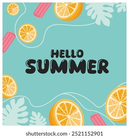 Colorful spring. Ice cream and oranges on a light blue background. Summer concept. Flat vector illustration.