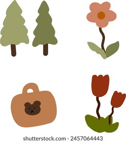 Colorful Spring Illustration with Bag, Flowers and Trees