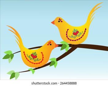Colorful spring illustration of two abstract birds
