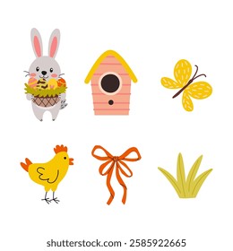 Colorful spring illustrations featuring a rabbit, birdhouse, butterfly, chicken, ribbon, and grass in a cheerful, playful design