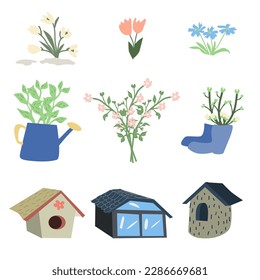 Colorful spring items set of flowers, birdhouse 