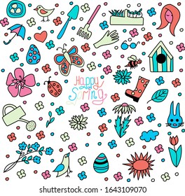 Colorful spring items set. Freehand vector illustration.
