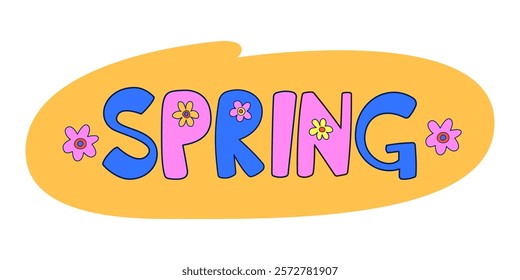 colorful spring lettering design with flowers, playful typography on yellow background, vector banner perfect for seasonal promotions, posters, and spring-themed events