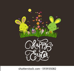 Colorful spring meadow, eggs and easter bunny