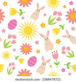 Colorful spring pattern featuring bunnies, flowers, and eggs on a bright background.