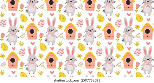 Colorful spring pattern featuring cute bunnies, birdhouses, and flowers with Easter eggs in a cheerful design