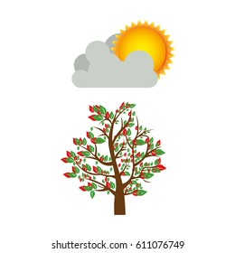colorful spring picture with leafy tree with cloud and sun vector illustration