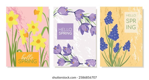 Colorful Spring Postcard Templates With First Flowers. Crocuses, Daffodils, Muscari Flowers Hand drawn in flat style. Vector