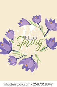 Colorful Spring Poster With Round Crocus Wreaths hand drawn in flat style. vector template for postcards, banners, posters