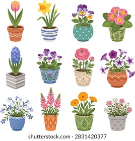 Colorful spring potted flowers vector illustration collection featuring tulip, daffodil, pansies, primrose, hyacinth, ranunculus, petunias, lobelia, snapdragons, calendula, and alyssum in patterned ceramic pots. Fresh spring garden floral clipart isolated on a white background.