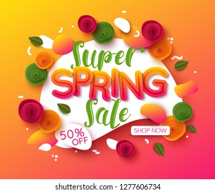 Colorful spring sale background with paper cut flowers and leaves