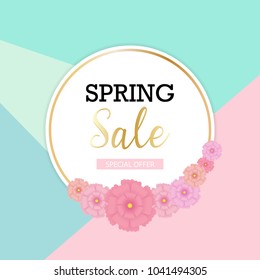 colorful spring sale banner background with pastel color and flower vector design illustration