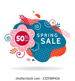 Colorful spring sale banner, invitation poster, colorful advertising flyer with flower and leaves, 50% off, vector illustration