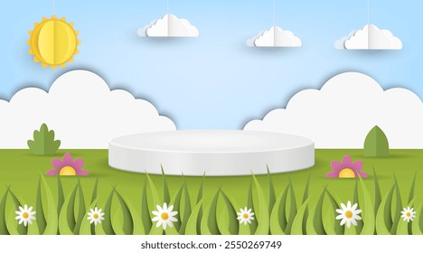 A Colorful Spring Scene with a Platform Surrounded by Paper Cut Elements and Inspirations