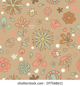 Colorful spring seamless pattern. Floral background with bugs and butterfly.