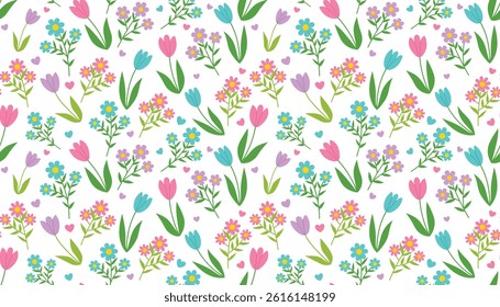 Colorful Spring seamless pattern with Tulips and other flowers. Spring wrapping paper with flowers and ditsy hearts in cartoon flat style.
