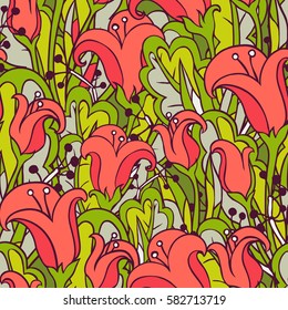 Colorful spring seamless pattern with tulips. Ornament with swirls. Easy to change to any colour. Vector nature illustration. EPS-10