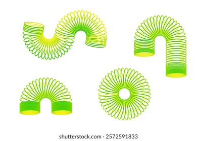 Colorful spring shapes. Green and yellow coils. Spiral vector design. Vibrant toy illustration.