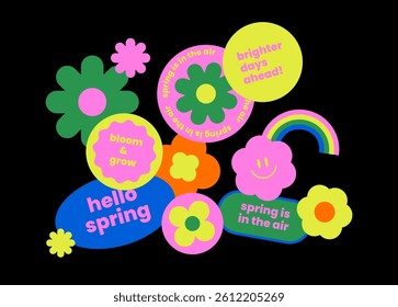 Colorful spring sticker pack. Flower shape label set. Retro patch collection. Groovy text slogan. Geometric element. Brutalism aesthetic. Flat vector illustration.
