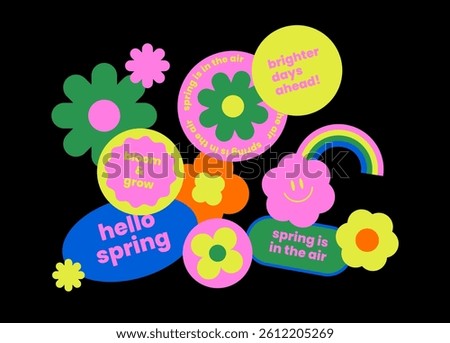 Colorful spring sticker pack. Flower shape label set. Retro patch collection. Groovy text slogan. Geometric element. Brutalism aesthetic. Flat vector illustration.
