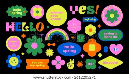 Colorful spring sticker pack. Flower shape label set. Retro patch collection. Groovy text slogan. Geometric element. Brutalism aesthetic. Flat vector illustration.