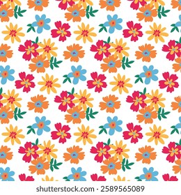 Colorful spring and summer seamless flower pattern on white background