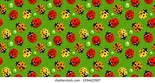 Colorful Spring Or Summer Seamless Pattern Background With Ladybugs And Water Drops On Green Leaf Vector Illustration Art