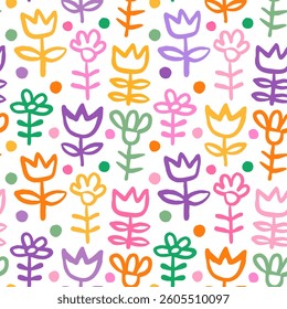 Colorful spring or summer vector flower seamless pattern, Cute floral minimalist design for kids and babies