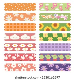 Colorful Spring Themed Washi Tape Set with Floral and Cute Patterns. Cute Spring Washi Tape Collection. Sunflowers, Clouds, and Cactus.