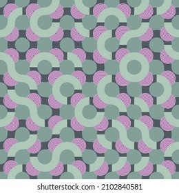 Colorful spring Truchet seamless vector pattern with random tiled wavy shapes and concentric circles. Modern illustration for prints, home decor, fashion fabric and carpet design.