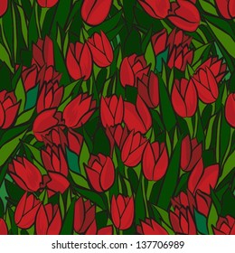 colorful spring tulips with dark border on green background floral seamless pattern