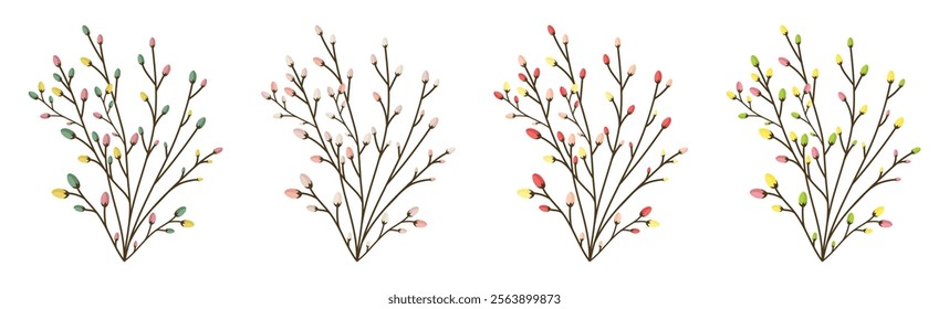 colorful spring twigs set with swollen buds isolated on white background