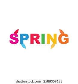 Colorful spring typography design with vibrant multicolored letters and decorative leaf elements isolated on a white background perfect for seasonal greetings nature themes