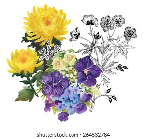 Colorful spring watercolor meadow flowers on white background vector illustration