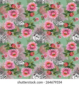 Colorful spring watercolor meadow flowers Seamless pattern on green background vector illustration