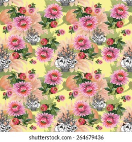 Colorful spring watercolor meadow flowers Seamless pattern on yellow background vector illustration