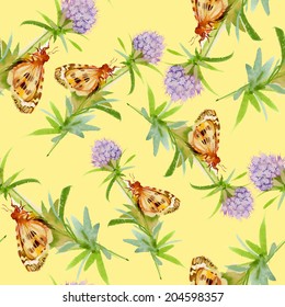 Colorful spring wildflowers with butterflies seamless pattern on yellow background, vector