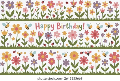 Colorful Spring Wildflowers and Insects Seamless Border – Cute Hand-Drawn Floral Vector Illustration