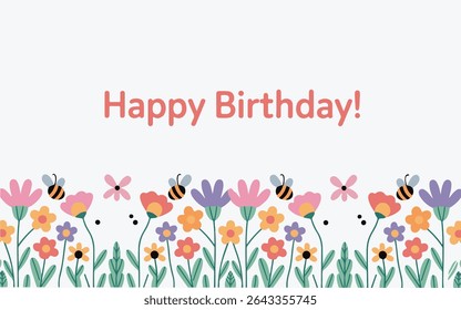 Colorful Spring Wildflowers and Insects Seamless Border – Cute Hand-Drawn Floral Vector Illustration