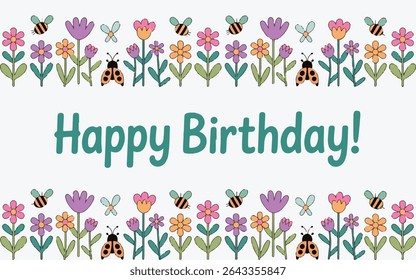Colorful Spring Wildflowers and Insects Seamless Border – Cute Hand-Drawn Floral Vector Illustration