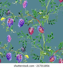 Colorful spring wildflowers seamless pattern on blue background vector illustration